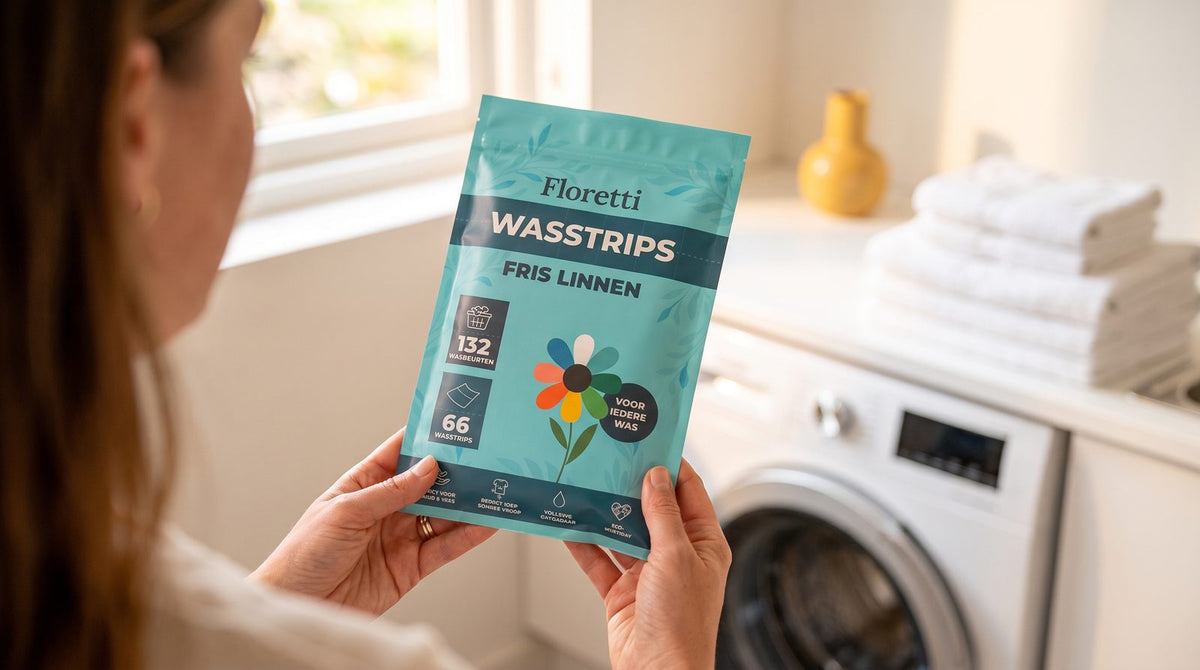 Vrouw houdt een plat pak Floretti Fris Linnen wasstrips vast bij de wasmachine met gevouwen handdoeken