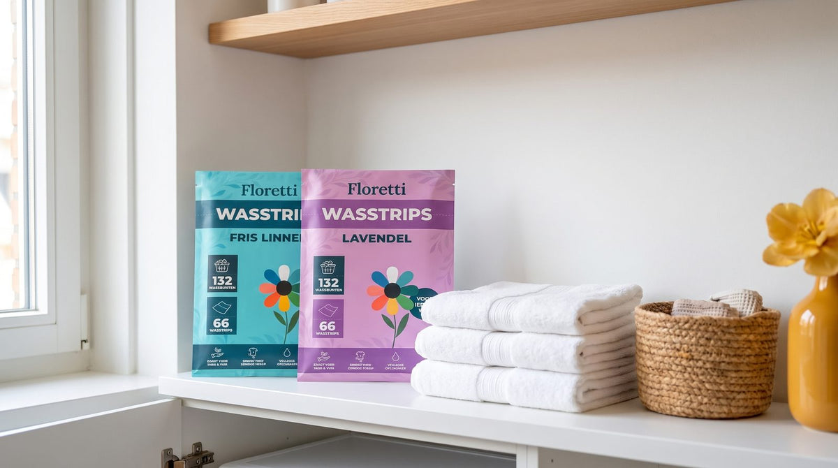 Twee platte pakken Floretti wasstrips, Fris Linnen en Lavendel, gesloten op een opgeruimde kastplank naast gevouwen handdoeken