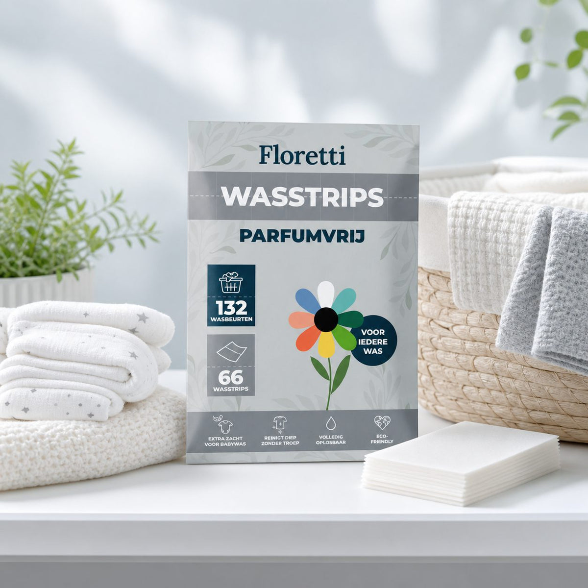 Pak Floretti Parfumvrij wasstrips naast opgevouwen wit wasgoed op een licht aanrecht