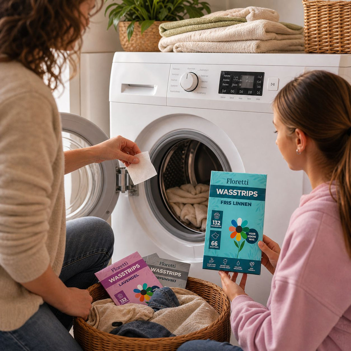 Iemand legt een Floretti wasstrip in de trommel van de wasmachine, met de pakken Fris Linnen, Lavendel en Parfumvrij in de wasmand
