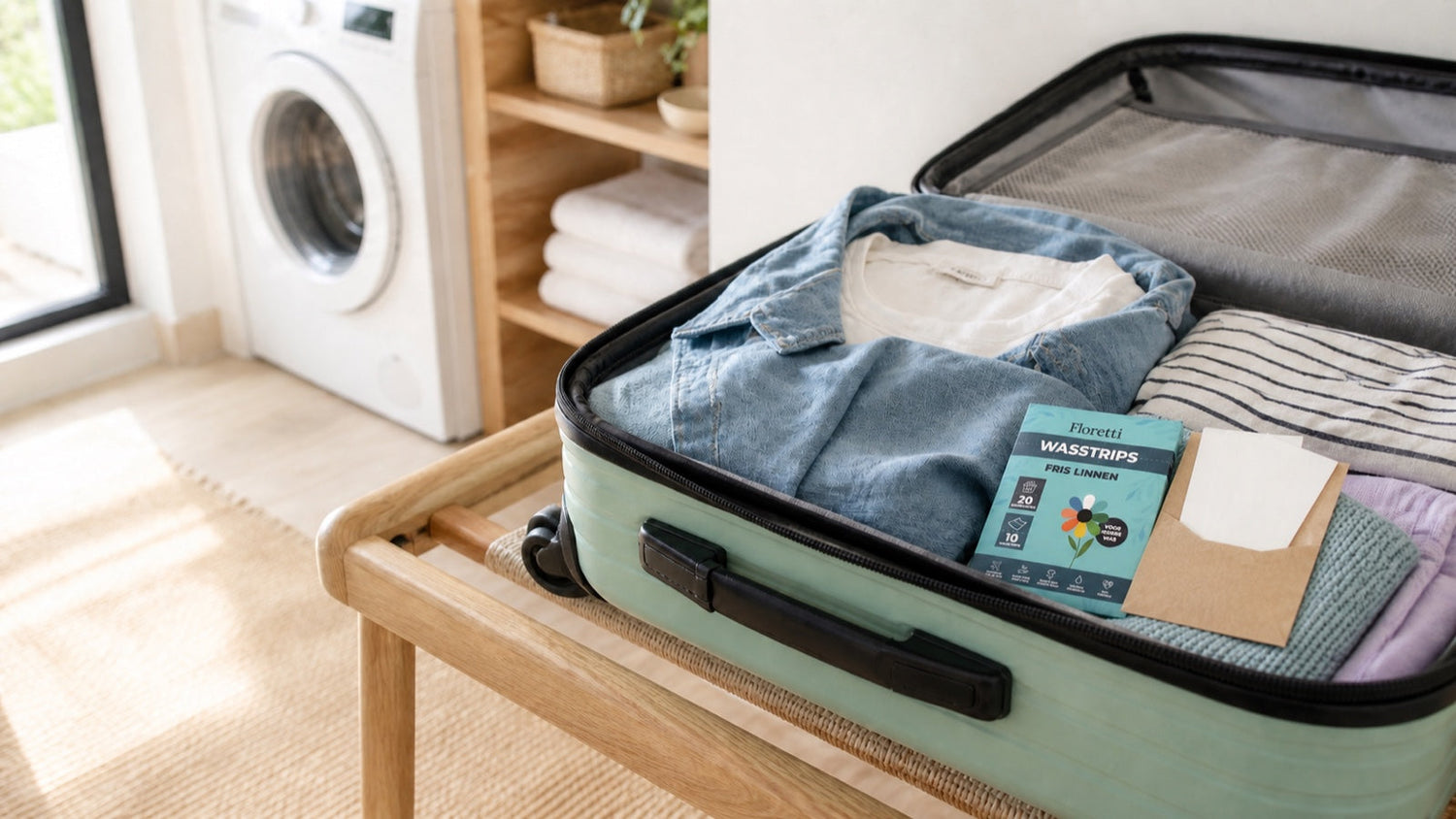 Open mintgroene koffer met opgevouwen kleding en droge wasstrips in een papieren envelop