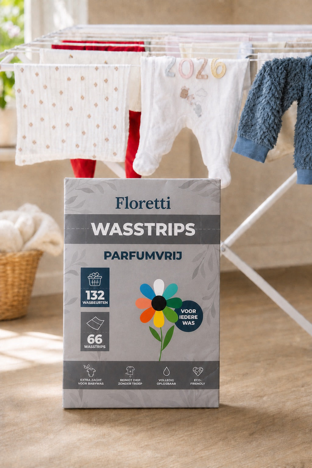 Floretti Parfumvrij wasstrips bij schone babywas en was voor gevoelige huid