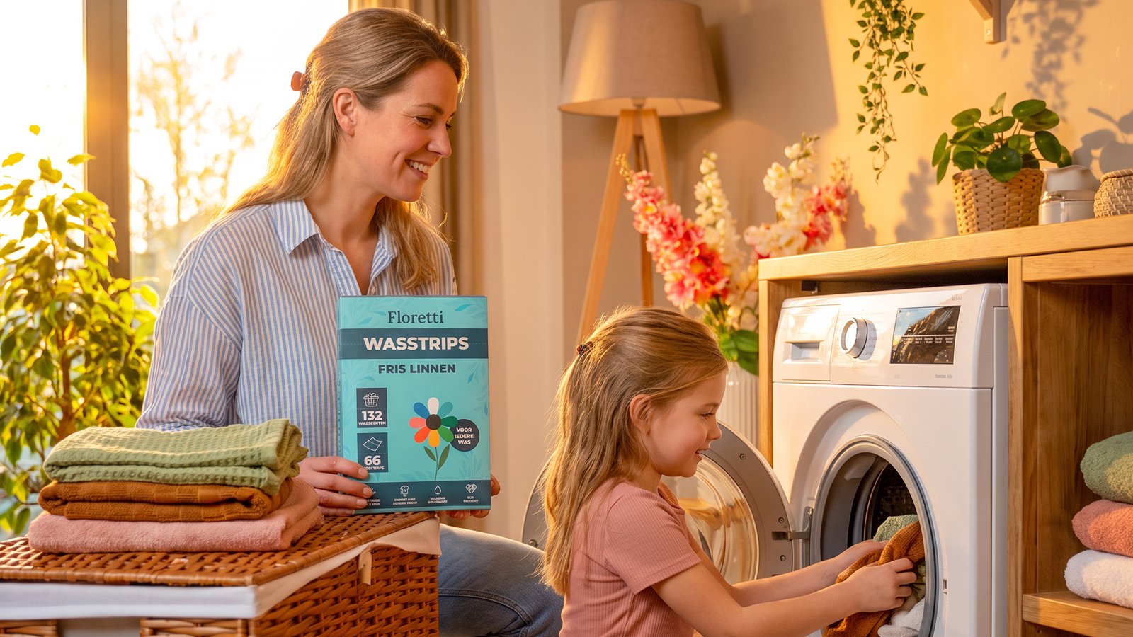 Moeder en dochter doen samen de was bij de wasmachine; moeder houdt een pak Floretti Fris Linnen wasstrips vast