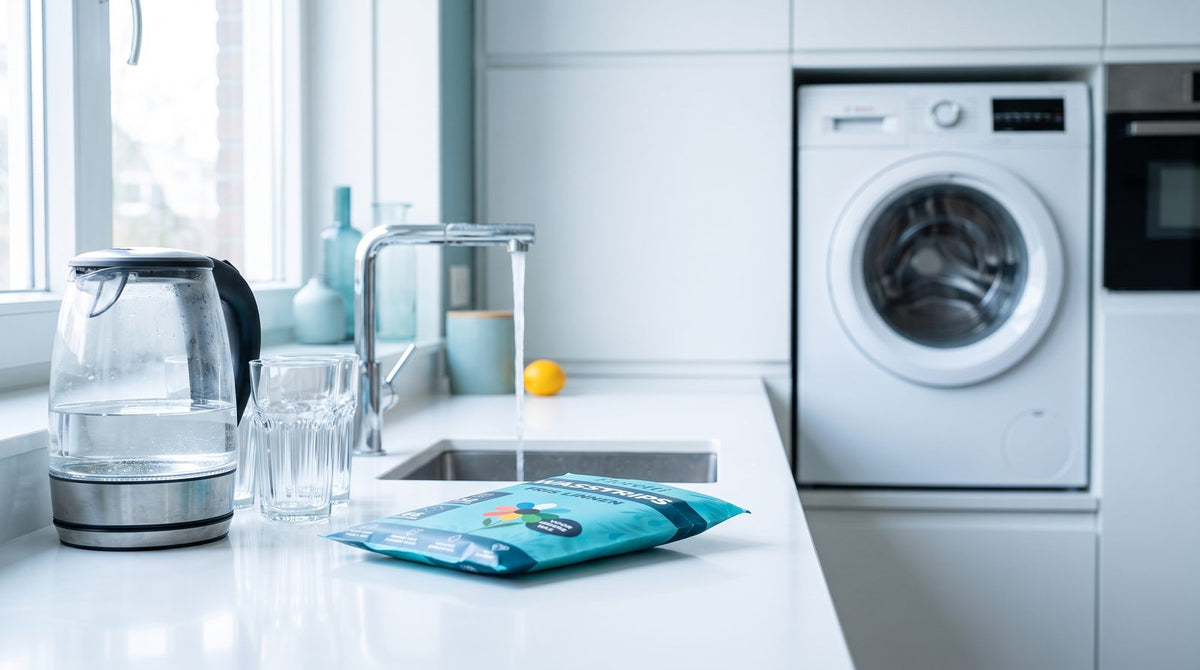 Glazen waterkoker en glazen bij de kraan met een wasmachine op de achtergrond en een plat pak Floretti Fris Linnen wasstrips op het aanrecht