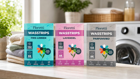 Floretti wasstrips in Fris Linnen, Lavendel en Parfumvrij naast elkaar op het aanrecht