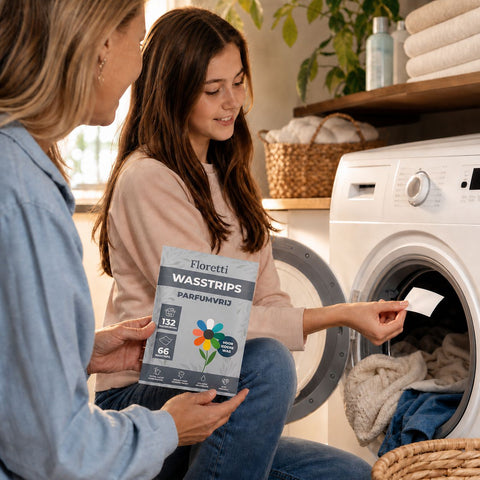 Twee mensen met een pak Floretti Parfumvrij wasstrips bij een geopende wasmachine