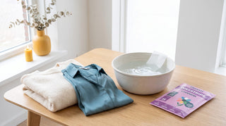 Wollen trui en zijden blouse naast een kom water voor handwas, met een plat pak Floretti Lavendel wasstrips en een oplossende wasstrip