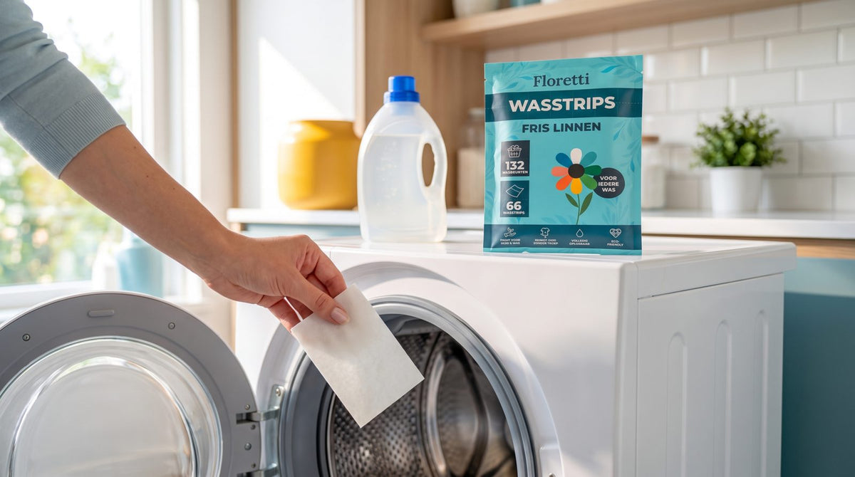 Hand legt een wasstrip in de trommel van de wasmachine, een bijna leeg pak vloeibaar wasmiddel opzij, plat pak Floretti Fris Linnen wasstrips op de machine