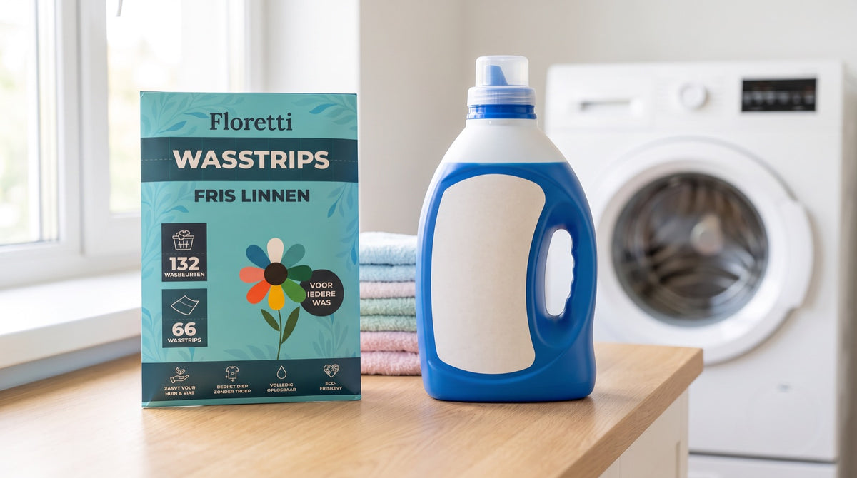 Floretti Fris Linnen wasstrips naast een traditionele plastic fles vloeibaar wasmiddel op een aanrecht in de wasruimte