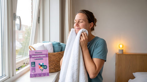 Iemand ruikt aan een pas gewassen witte handdoek bij een open raam, met een plat pak Floretti Lavendel wasstrips op de vensterbank