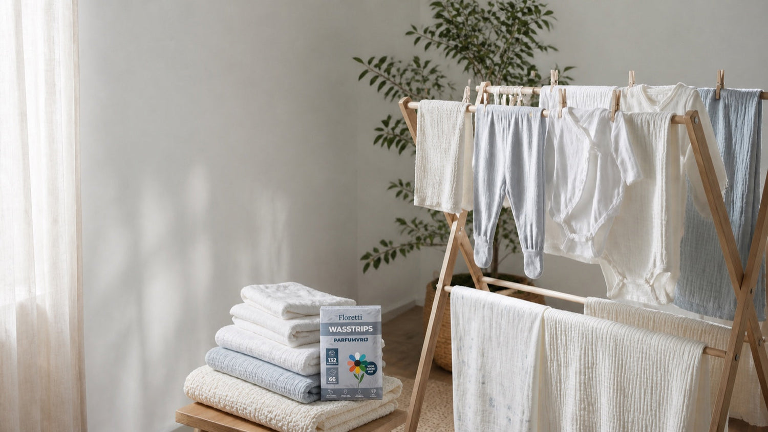Neutrale babykleding en katoenen wasgoed op een houten droogrek bij het raam