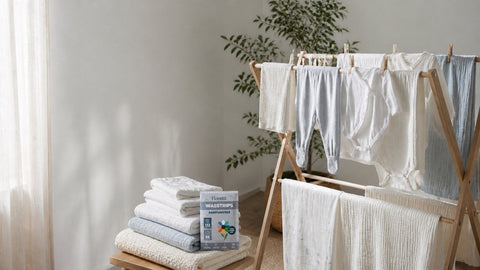 Neutrale babykleding en katoenen wasgoed op een houten droogrek bij het raam
