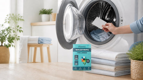Hand die een witte wasstrip in een open wasmachine legt naast opgevouwen wasgoed