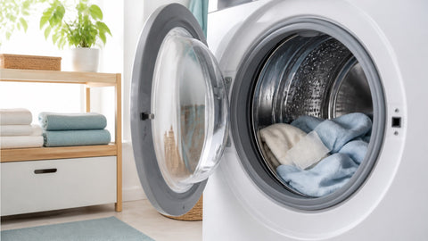 Open wasmachine met een natte deels opgeloste witte wasstrip tussen licht wasgoed