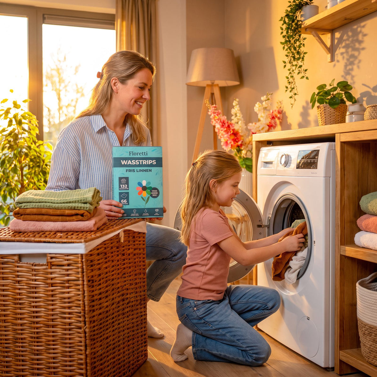 Moeder en dochter doen samen de was met Floretti wasstrips